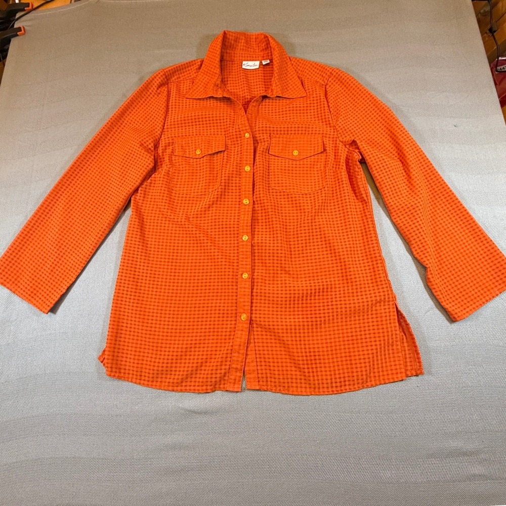 Kim Rogers Petite Orange Textured Check Button Down Shirt PM 2468